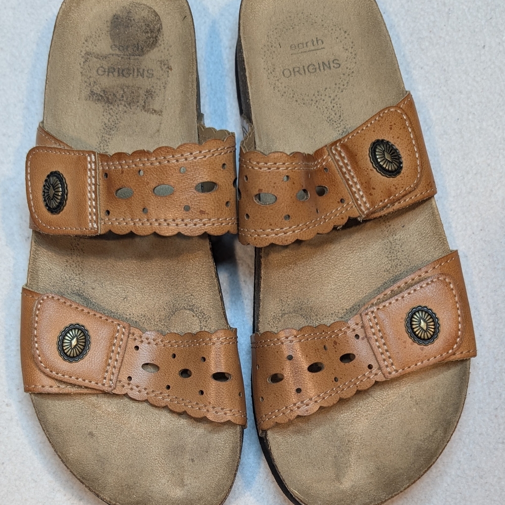 Earth Origins Joan Cork Footbed Slide Sandals Size 7 Cognac Leather